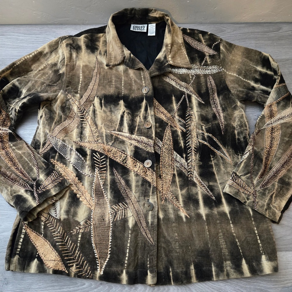 Chico's Design Brown Velvet Jacket Size 1 (M) Leaf Feather Embroidered Vintage
